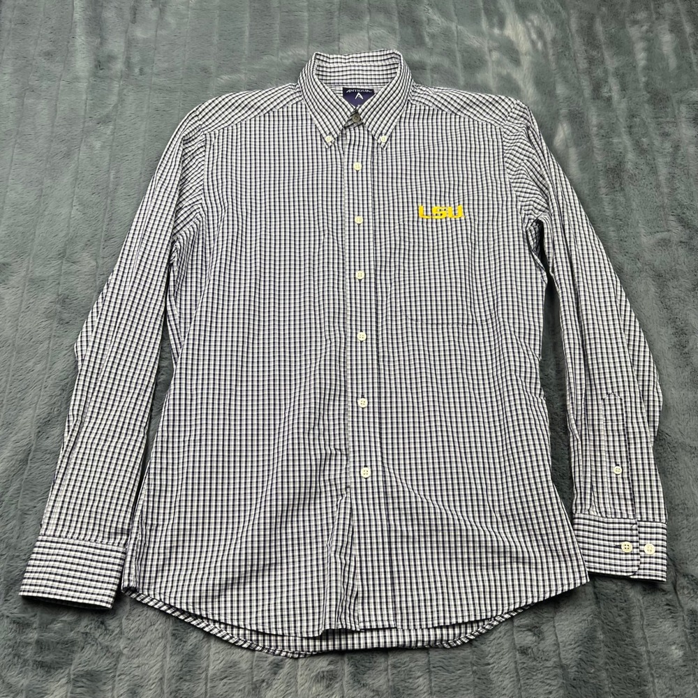 Antigua Mens LSU Tigers Gingham Check Button Down Shirt Navy White Medium